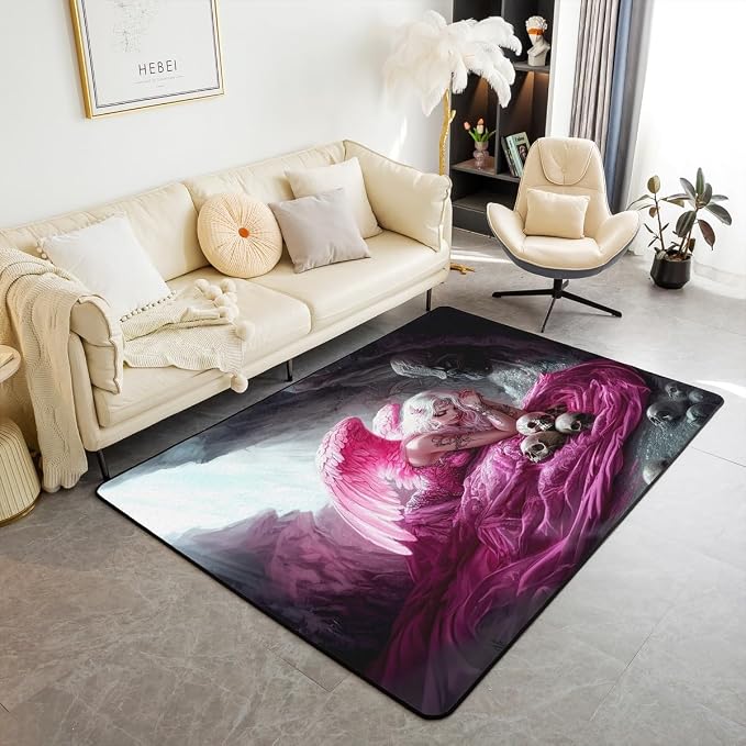 Gothic Angel Area Rug,Sugar Skull Indoor Floor Mat Entrance Rug,Kids Girls Boys Teens Pink Feather Wing Carpet Black Theme Fairy Tales Chairs Couch Living Room Decor,3'x5' - skull floor mat