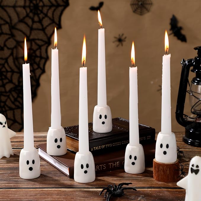 GlikCeil 6 Pcs Halloween Decor Ghost Candlestick Holders for Taper Candles - skull candle