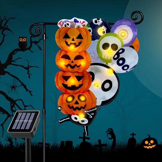 3D Lighted Halloween Garden Flag, Solar Powered LED Outdoor Skeleton & Pumpkin Holiday Yard Flag, Double Side Spooky Ghost Skull Shaped Flag for Patio Lawn, Home Porch 12×18 Inch - string light