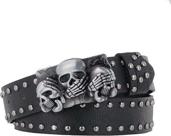 Studded Belt Metal Punk Rock Rivet Belts for Men Women Leather Belt Belts for Jeans Pants - skull wallet