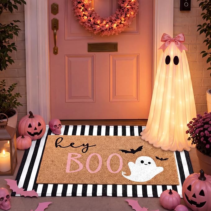 2 Pcs Halloween Door Mat Outdoor, Ghost Pink Boo Style, Non Slip - skull carpet