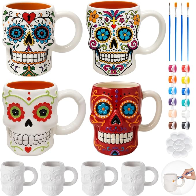 LOYIM 4 Pcs Halloween Day of Dead Ceramic to Paint Sugar Skull Skeleton Mug