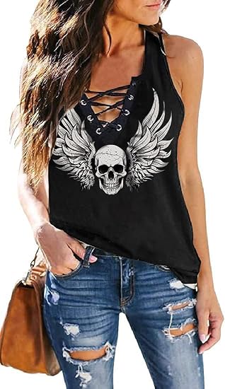 Women V Neck Tank Tops Summer Sleeveless Country Shirts - skull tank tops