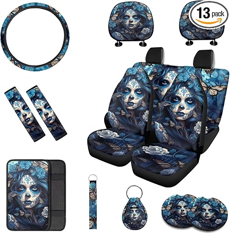 13 Pcs Sugar Skull Girl Car Seat Covers with Steering Wheel Cover, Seat Belt Covers Cup Holder Keychain, Blue Automotive Protector Set Unverisal Fit Cars SUV Turcks - skull carpet