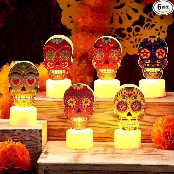 Tuanse 6 Pcs Day of Dead LED Flameless Candles, Skull Sugar Decor - skull candle