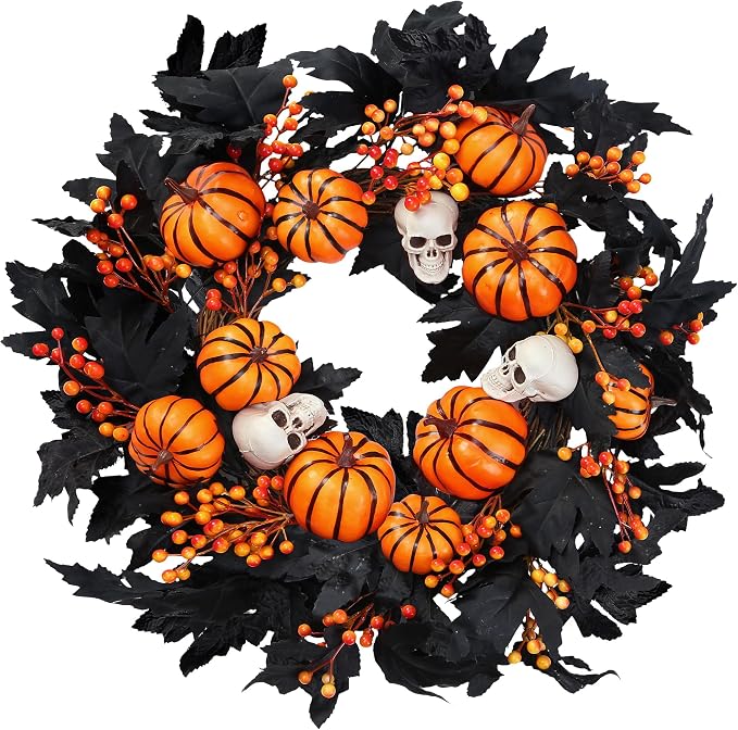 Sggvecsy Halloween Wreath with Artificial Pumpkin Handmade Black Maple Leave Skull Pumpkin Orange Berries 20''Front Door Decorations for Indoor Outdoor Home Halloween Festival Decoration - skull wreath