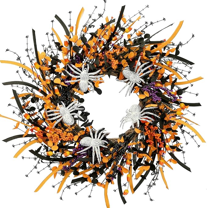 Sggvecsy Halloween Wreath 23inch Artificial Spider Wreath with Handmade Black Orange Leaves Orange Purple Berries Teeth Front Door Decorations for Outdoor Home Halloween Festival Decoration - skull wreath