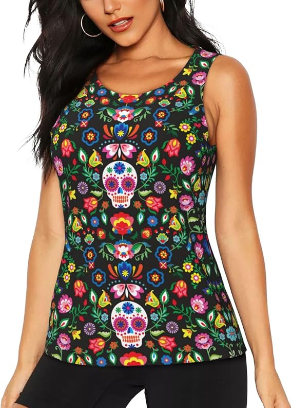 Sugar Horror Skull and Flowers Print Daily-Errands Functionality Sleeveless Gym Tank Top Running Hiking Fitness Training - skull tank tops
