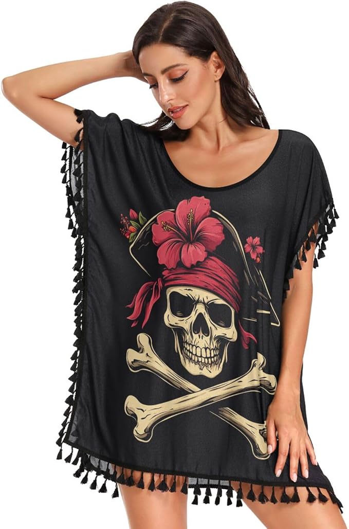 DOMIKING Bathing Suit Cover Ups for Women Beach Swimsuit Cover Up Beachwear S - skull swimsuit