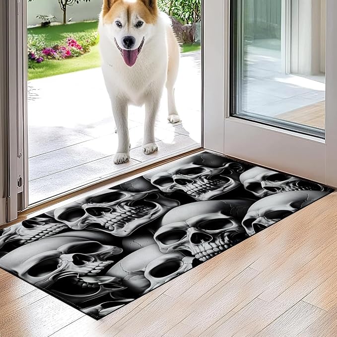 Horror Skull Indoor Door Mat,White and Black Skulls Floor Doormat,17×29.5in,Non Woven Non Slip Rubber Backing Goth Rug for Porch Insider,Bedroom,Kitchen,Doormats Gifts,Rv Camper Decor
