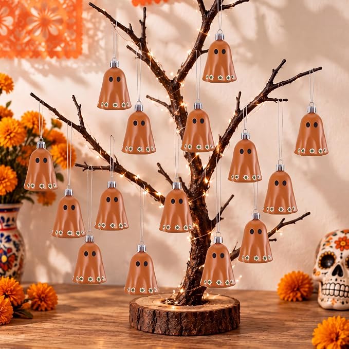 Simgoing 12 Pcs Day of The Dead Mexican Hanging Ghost Ornaments for Tree - skull wreath