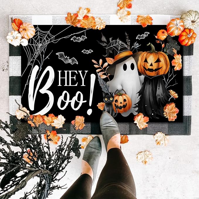 Halloween Door Mat Hey Boo Welcome Mat Scary Entry Rug 17x29 Inch - skull floor mat