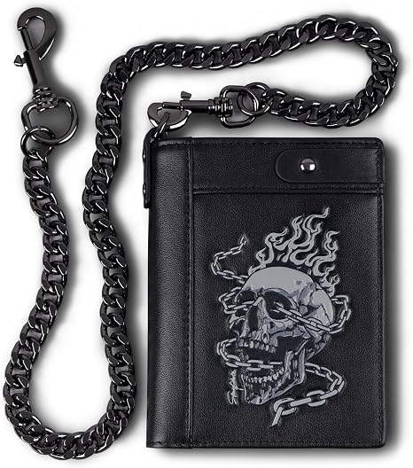 Mens Leather Wallet With Chain Skull Bifold Wallets Zipper Coin Pocket Rfid Blocking Gift For Him Husband (black)