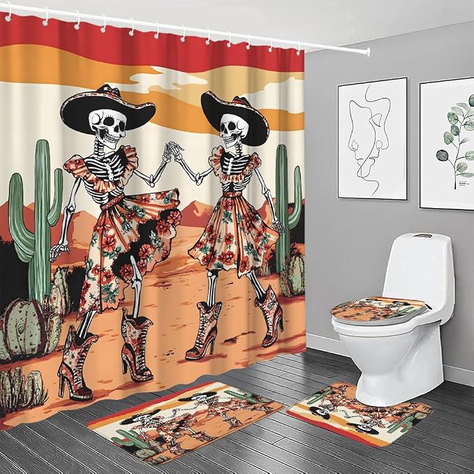 4pcs Dancing Skeletons Bathroom Set with Non-Slip Rugs,Toilet Lid Cover, Contour Rug Gothic Halloween Tropical Desert Cactus Succulents Mexican Western Day of The Dead Shower Curtain with Hooks