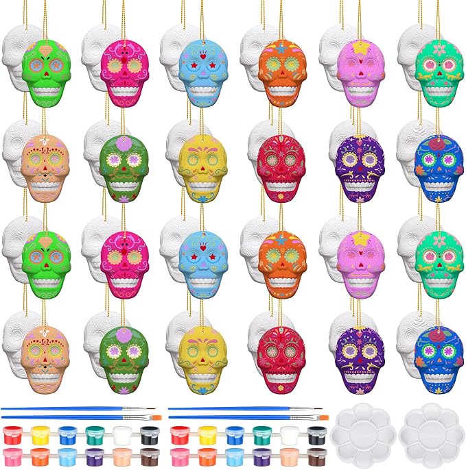 Suzile 24 Pcs Halloween Skull Unpainted Ceramic Ornaments, DIY Paint Kit