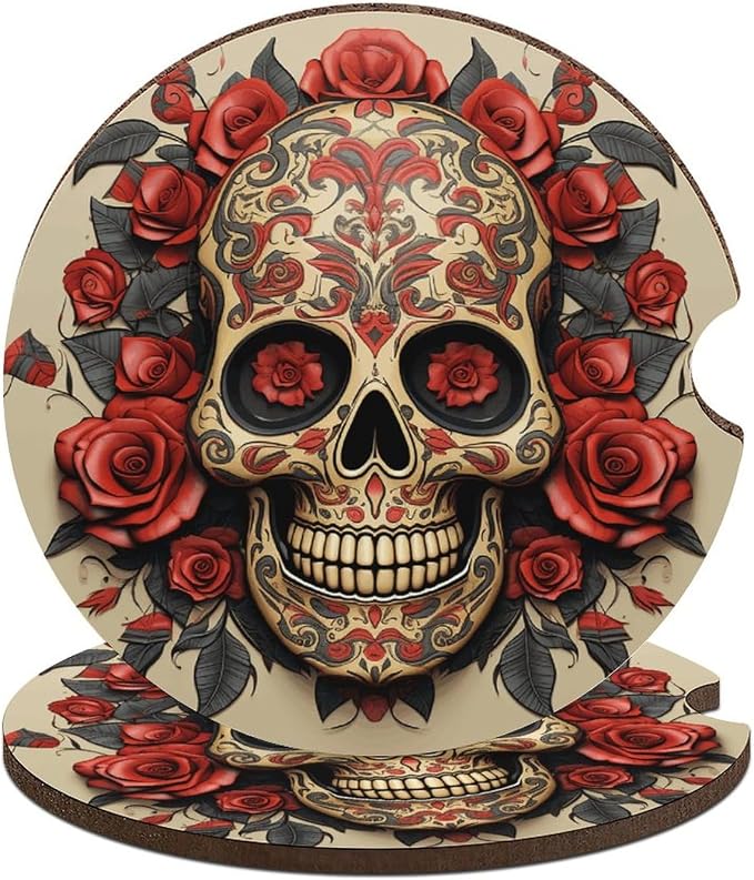 Red Rose Sugar Skull 2PCS Car Coasters Absorbent Drink Coasters with A Finger Universal Wood Coffee Coaster for Cup Holders Non-slip Car Cup Holder Coaster Cute Drink Mat Car Accessories for Women Men - skull coaster
