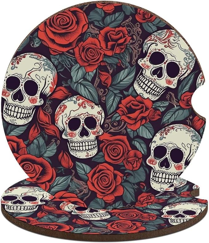 Sugar Skulls And Red Roses 2PCS Car Coasters Absorbent Drink Coasters with A Finger Universal Wood Coffee Coaster for Cup Holders Non-slip Car Cup Holder Coaster Cute Drink Mat Car Accessories for Wom - skull coaster