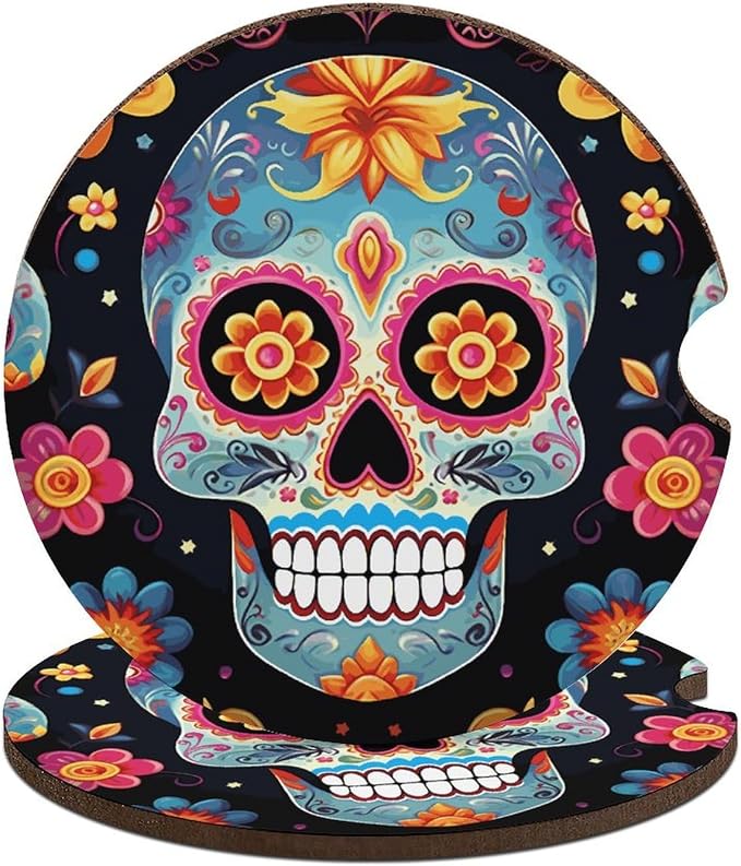 Sugar Skulls 2PCS Car Coasters Absorbent Drink Coasters with A Finger Universal Wood Coffee Coaster for Cup Holders Non-Slip Car Cup Holder Coaster Cute Drink Mat Car Accessories for Women Men - skull coaster