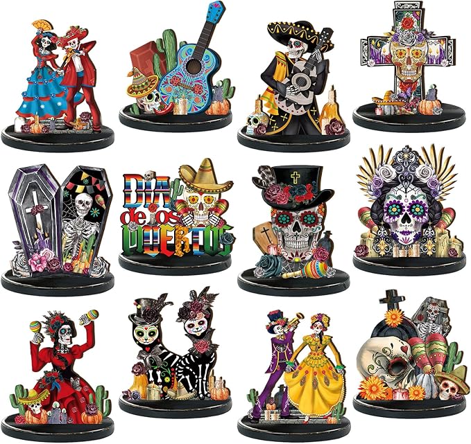 Wesiti 12 Pcs Dia De Los Muertos Table Decorations Wooden Sugar Skull Decor - skull figurine