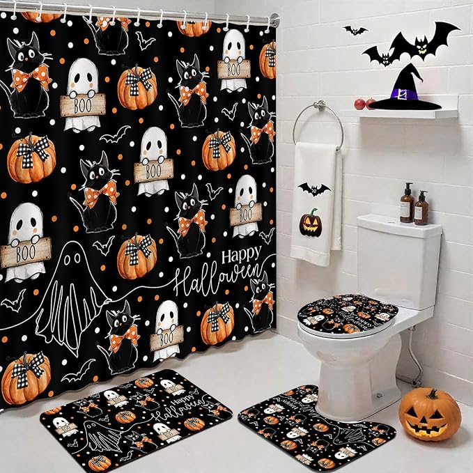 Mocsicka Halloween Ghost Shower Curtain Set for Bathroom, 4Pcs Cute Ghost Cat Pumpkin Bathroom Sets with Non Slip Rugs, Toilet Lid Cover, Bath Mat, Shower Curtain, Bathroom Decor with 12 Hooks (Black) - skull toilet mat