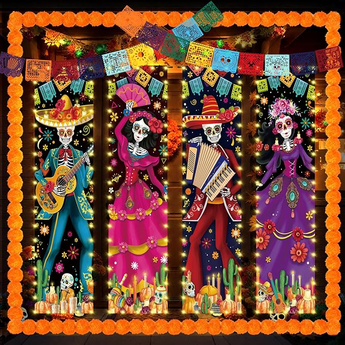 10 Pcs Dia De Los Muertos Outdoor Decoration Lighted Day of The Dead Banner - string light
