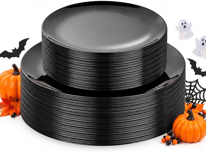 PULOTE 60 PCS Black Plastic Plates - Include 30 Dinner and 30 Dessert Plates, Black Disposable for Party,Birthday & Halloween - skull plate