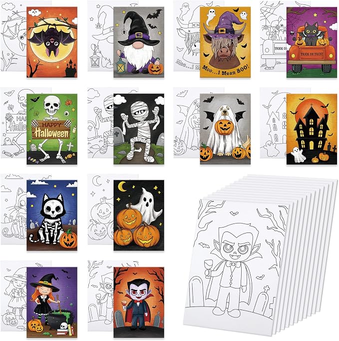 Anseal 12 Packs Halloween Pre Drawn Canvas to Paint, 5" X 7" Pre Printed Canvas for Kids, Pre Stretched Canvas Outline Painting Boards for Beginners, Students, Party Favor (Halloween) - skull painting