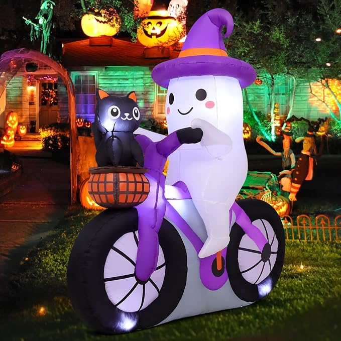 COMIN 5FT Halloween Inflatables Ghost Bike Black Cat Yard Decor with LEDs - skull inflatable