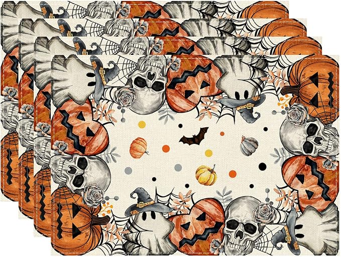XCHI Halloween Skeleton Ghost Placemats Set of 4 Table Decor12x18 Inch - skull coaster