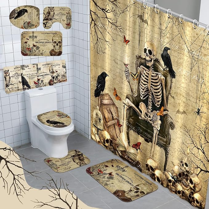 8 Pcs Halloween Bathroom Decor Gothic Shower Curtain Set - skull toilet mat