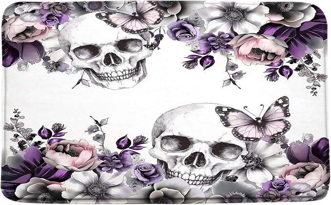 Skull Flower Gothic Bath Mat Halloween, Purple, 17.7x29.5 Inch - skull floor mat