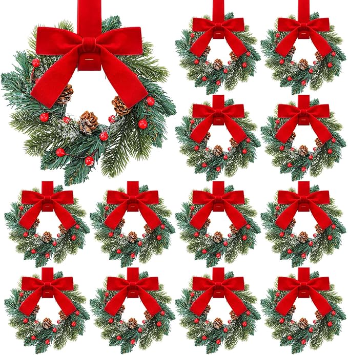 Knitgrip 12 Pcs Mini Christmas Kitchen Wreath with Red Bow Pine Cone Decor - skull wreath