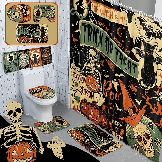 8 Pcs Halloween Shower Curtain Set for Bathroom Decor Vintage Ghost