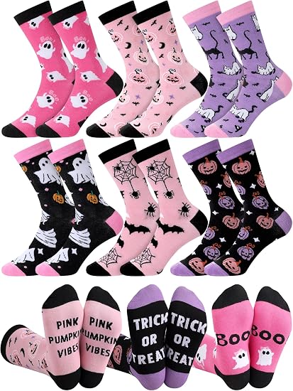 Shyyween 6 Pairs Pink Halloween Socks for Women - sugar skull costume