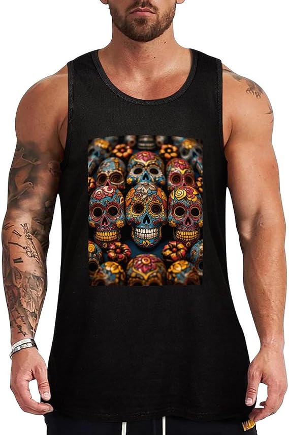 Tank Tops Men Colorful Sugar Skulls Sleeveless Shirts for Men Summer Men's Slim Fit Underwear Men's Clothing - skull tank tops