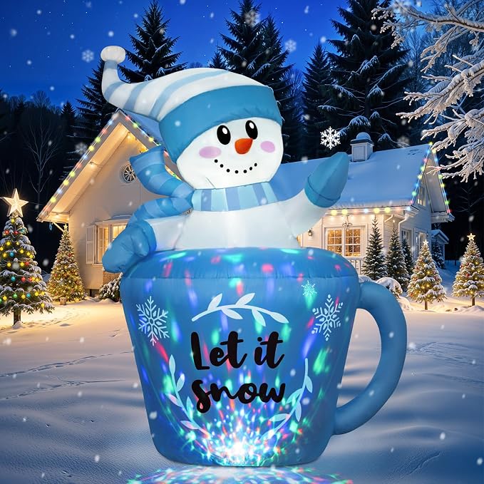 OurWarm 5FT Christmas Inflatable Snowman in Mug, Adorable Blue Snowman Blow Up Awaiting the Snow, Christmas Inflatables Outdoor Decorations with Built-in LEDs & Blower for Yard Lawn Winter Inflatables - skull inflatable