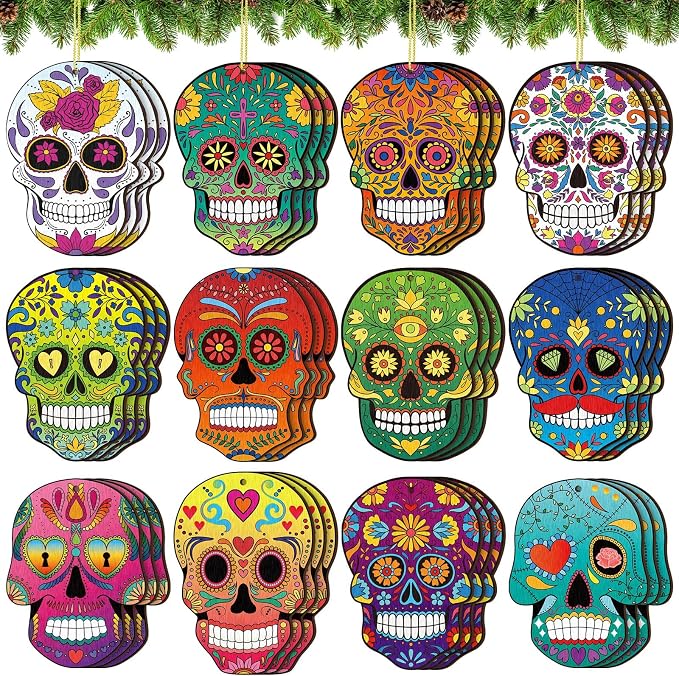 Vercraft 36 Pcs Sugar Skull Wooden Ornaments Day of the Dead Decorations - skull figurine