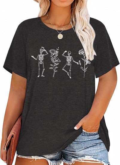 Plus Size Shirts for Women Cute Graphic Tshirts Short Sleeve Tees Top - skull leggings