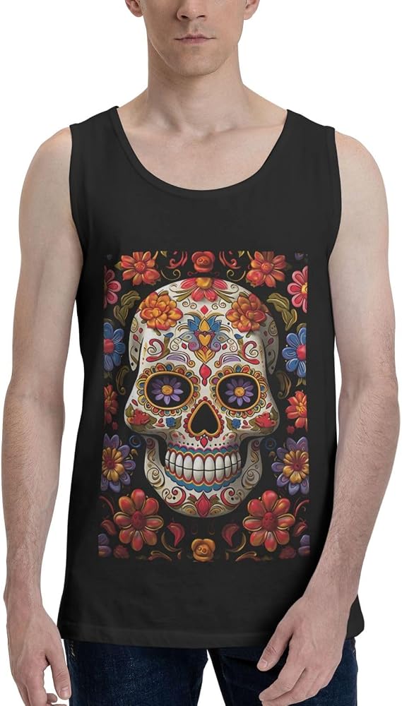 Sugar Skulls Men's Tank Tops Moisture-Wicking Cotton Sleeveless Shirts Casual Gym Workout Tank Shirt - skull tank tops