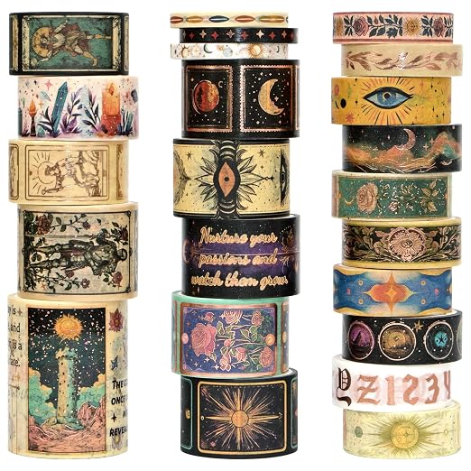 Gold Foil Tarot Washi Tape Set, 23 Rolls Vintage Decorative Washi Tape with 14 Gold Foil Designs, Assorted Widths for Journaling, Scrapbooking, Bullet Journal, Planner, Card Making & DIY Crafts - skull sticker