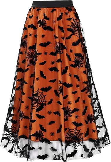 Halloween Tulle Skirt for Women Velvet Bats Pumpkin Skull Dress High Elastic Waist Double-Layered Mesh Midi Skirt - sugar skull dress