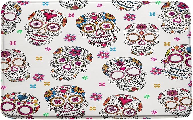 Sugar Skull Bath Mat Halloween Gothic Skeleton Floral Mexican Day of The Dead Horror Boho Flower Microfiber Memory Foam Bathroom Decor Rugs for Kitchen Bedroom - skull toilet mat