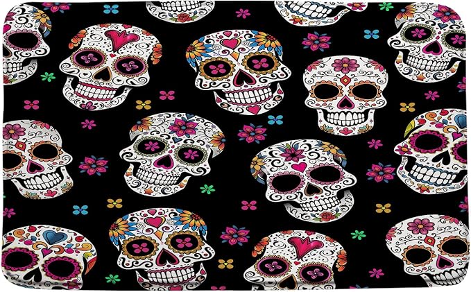 Sugar Skull Bath Mat Halloween Gothic Skeleton Floral Mexican Day of The Dead Horror Boho Flower Microfiber Memory Foam Bathroom Decor Rugs for Kitchen Bedroom - skull toilet mat