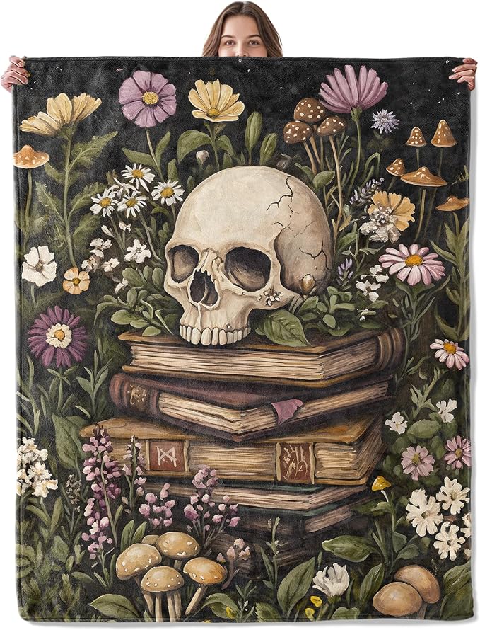 Skull and Books Floral Blanket, Lightweight Comfy Vintage Flowers & Mushrooms Blankets for Couch Sofa Bedroom, Soft Plush Travel Flannel Throw Blanket Gifts for Women Adults, Home Decor 60×50in - skull blanket