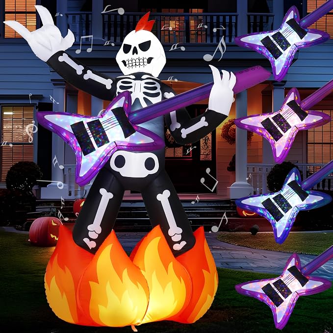 JOYIN 6ft Halloween Inflatable Skeleton Plays Guitar, Spooky Inflatable Skeleton with Music and Color LED Lights, Blow Up Yard Decoration for Halloween Outdoor Decoration, Garden Lawn Party Decor - skull inflatable