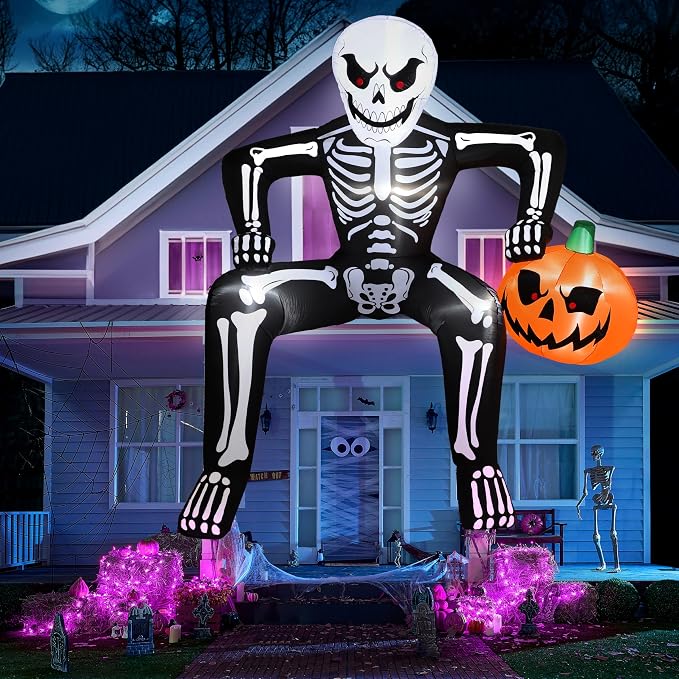JOYIN 8.5ft Halloween Inflatable Skeleton, Blow Up Skeleton Holding Pumpkin for Rooftop Outdoor Decoration with LED Light, Blow Up Skeleton Sitting On the Roof for Halloween Rooftop Yard Party Decor - skull inflatable