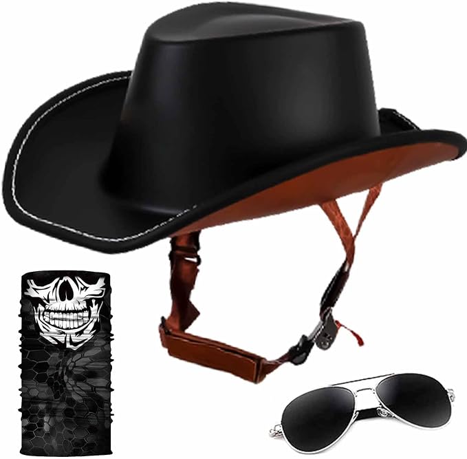 Retro Motorcycle Half Helmet, Western Cowboy Hat Helmet Open Face Motorcycle Helmet DOT Approved Unisex-Adult Half Helmet with Quick Release Buckle and Lining for Mopeds Horse Riding Jazz Caps - skull helmet