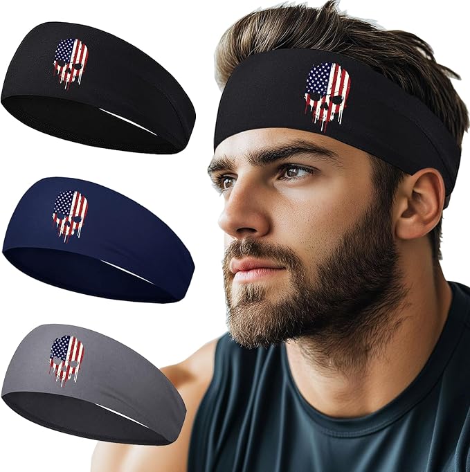 Headbands for Men 3 Pack Sport Sweat Bands Headbands Men Skull Finger Workout Sweatbands for Mens Women Head Bands Cooling Running Men's Hairband Headband - skull headband
