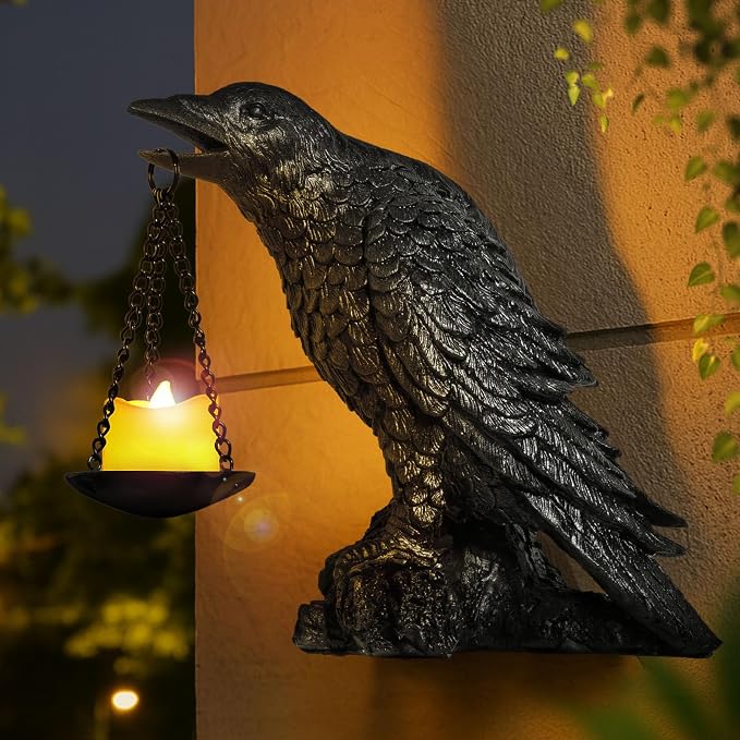 Gothic Crow Wall Art Decor Outdoor Wall Sconce Raven lamp Table Candle Holder Halloween Wall Decor for Patio Garden Bedroom Resin Tealight Statue Black - skull candle