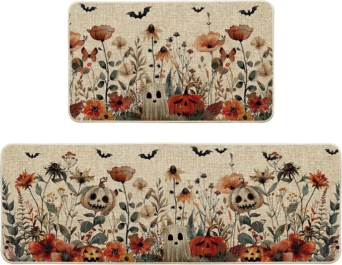 Artoid Mode Ghost Flowers Halloween Kitchen Mats Set of 2-17x29+17x47 - skull floor mat